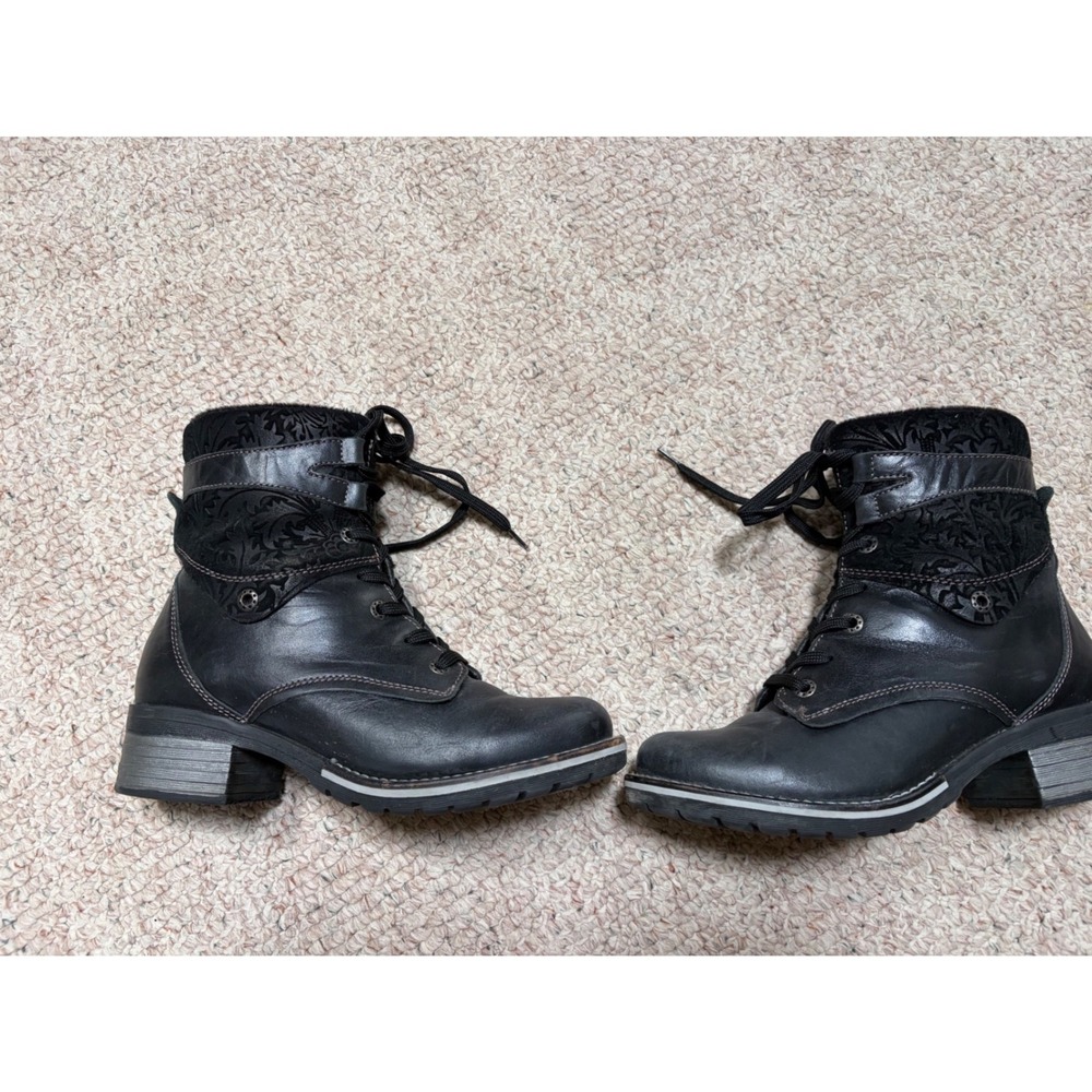 Dromedaris Women Black Leather Floral leather Lace Up Zip Combat Boots Size 39 - Picture 3 of 9
